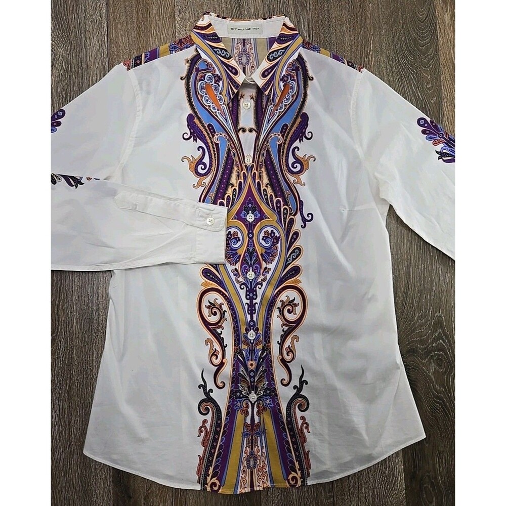 ETRO Made in Italy Cotton Button Up Shirt White Colorful Paisley Womens 42 US 6
